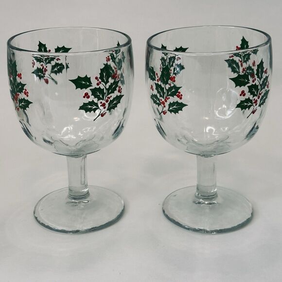 Bartlett Collins 16oz Thumbprint Glass Holly Berry 6" Goblets Set of 2 Christmas - Picture 2 of 10